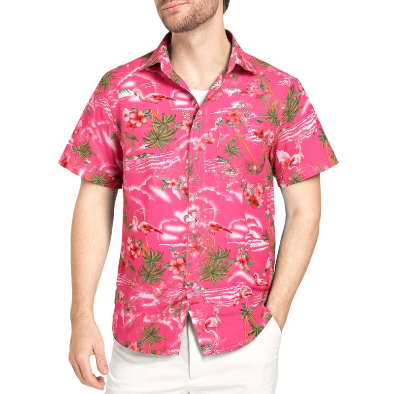 SSLR Mens Hawaiian Shirt Flamingos Casual Short Sleeve Button Down Shirts Aloha Shirt (Medium, Rose Red) - Image 1